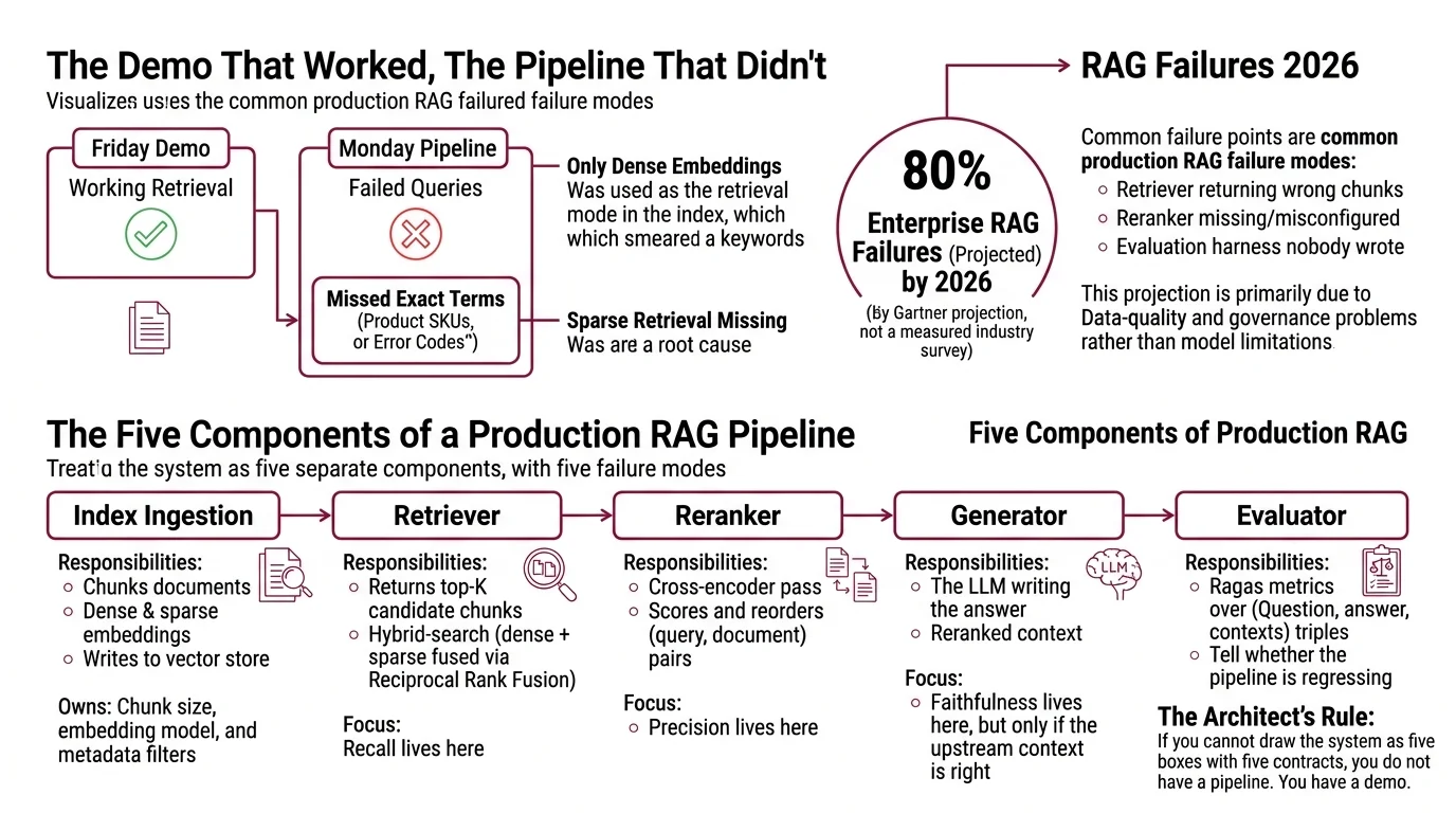 Five-stage production RAG pipeline showing index ingestion retriever hybrid search Cohere reranker LangGraph generator and Ragas evaluation contracts