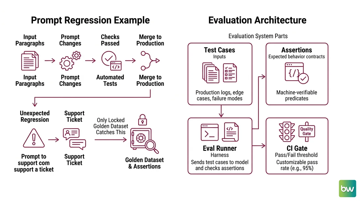 A four-stage prompt eval pipeline: Test Cases feed into Assertions, the Eval Runner executes checks, and a CI Gate blocks or passes the pull request merge