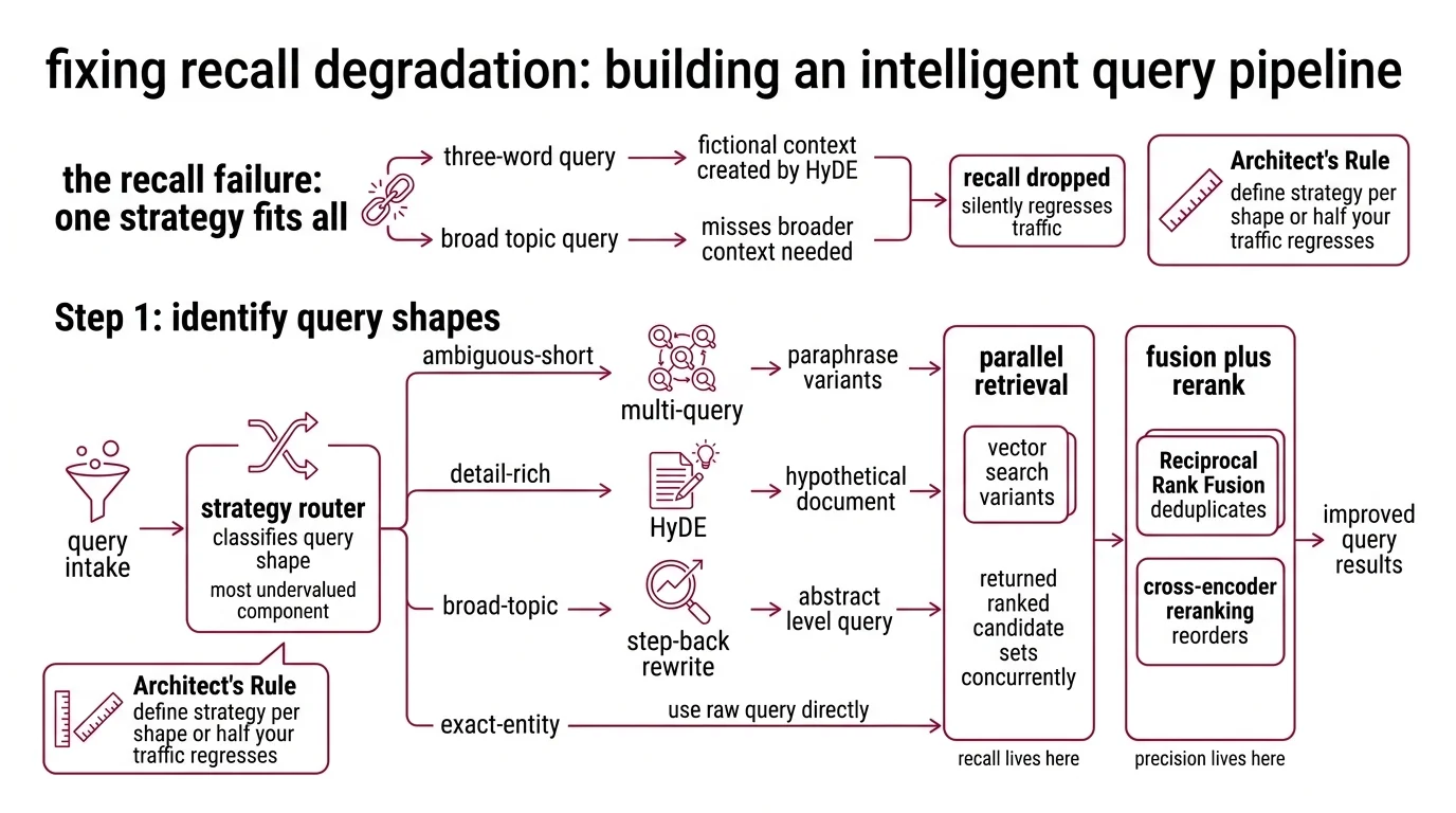 Query transformation pipeline showing strategy router dispatching to multi-query HyDE step-back and raw expanders feeding parallel retrieval RRF fusion and cross-encoder rerank