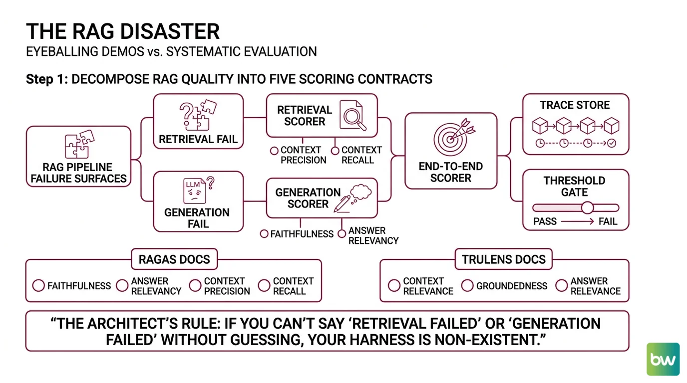 Five-component RAG evaluation harness — retrieval scorer, generation scorer, end-to-end scorer, trace store, and threshold gate, wired into a CI pipeline