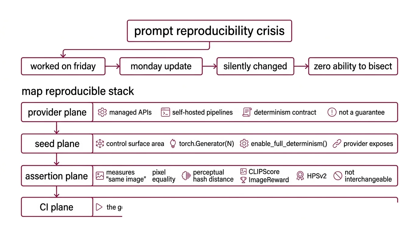 Four-plane diagram of an image-prompt testing pipeline: provider contracts, seed plane, assertion suite, and CI gate, with a Promptfoo matrix view dispatching prompts across FLUX.2, Midjourney, and gpt-image-2.
