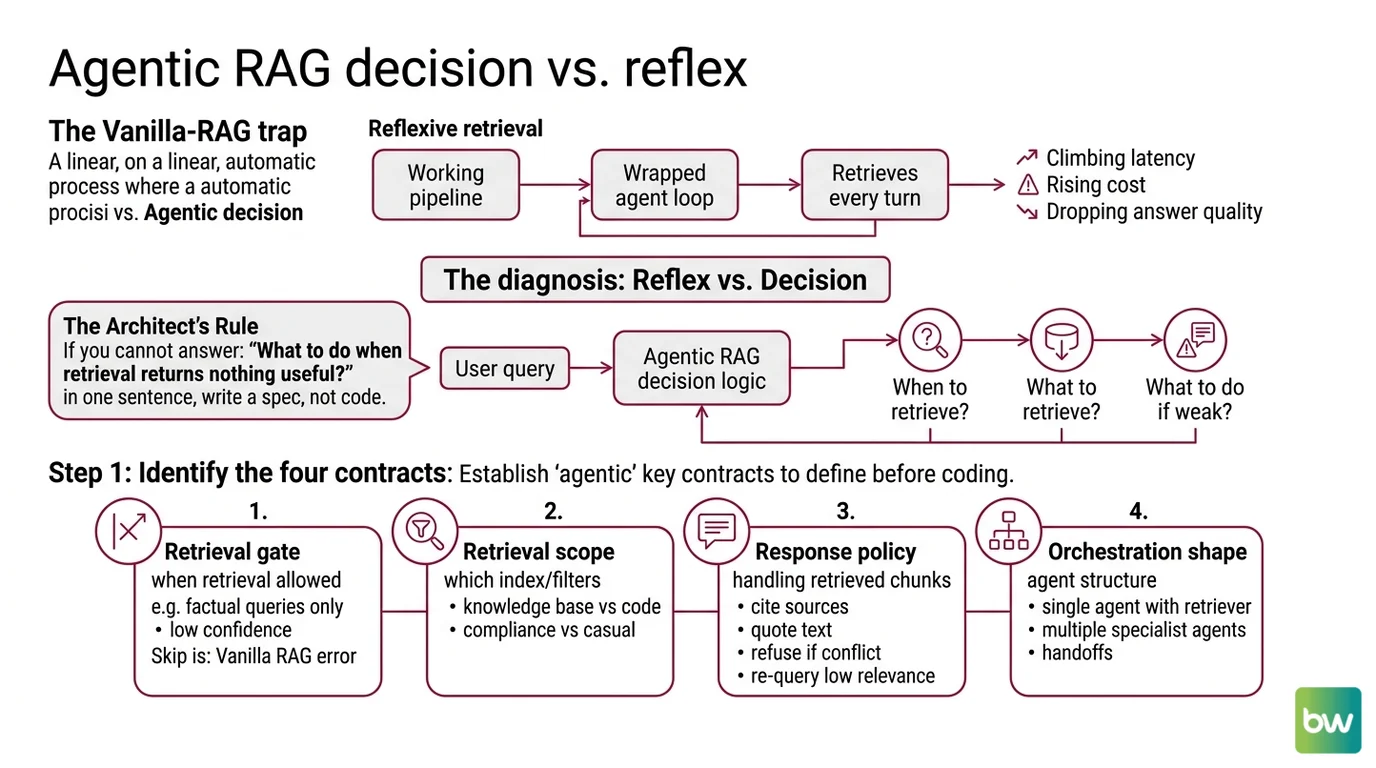 Four-contract decomposition mapping retrieval gate, scope, response policy, and orchestration onto LangGraph, LlamaIndex, and CrewAI