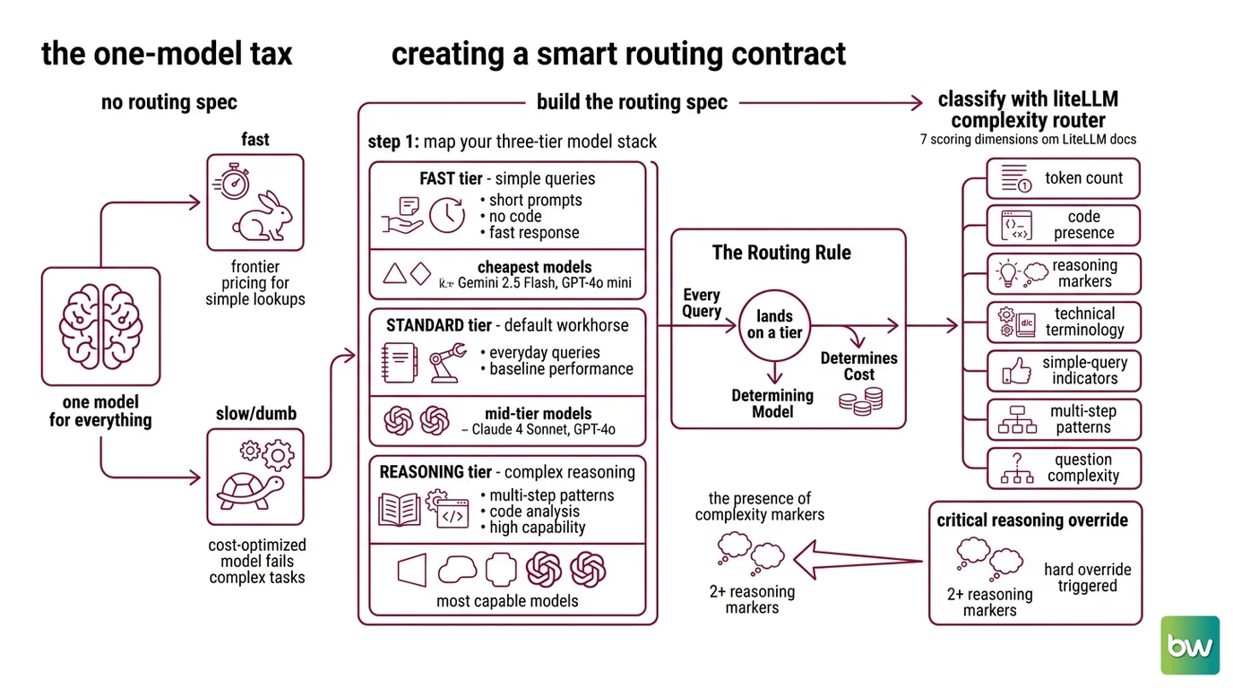 Model routing spec diagram: three-tier hierarchy with complexity classification, Redis shared counters, and fallback chains between FAST, STANDARD, and REASONING tiers