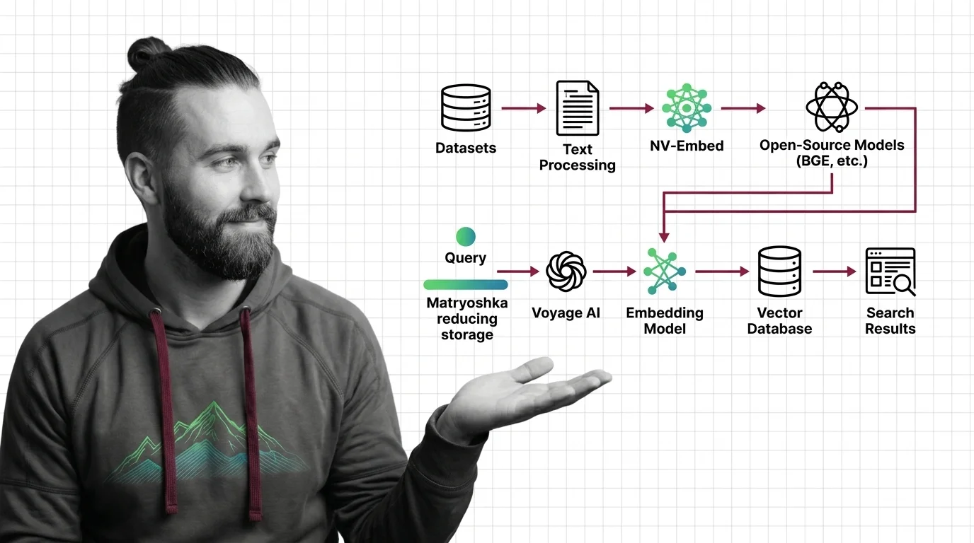 Blueprint schematic of a semantic search pipeline with embedding vectors flowing through indexing and retrieval stages