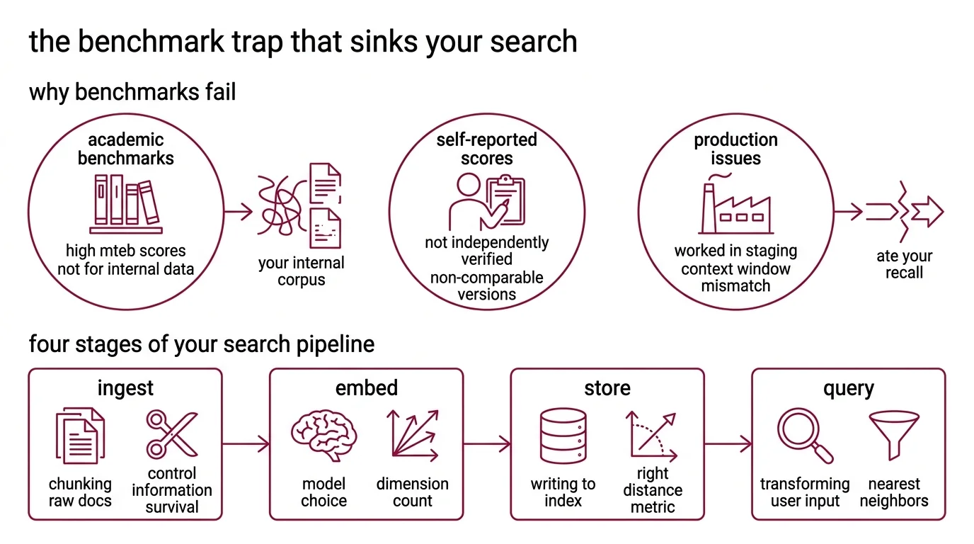 Four-stage semantic search pipeline showing Ingest, Embed, Store, and Query with specification checkpoints between each stage