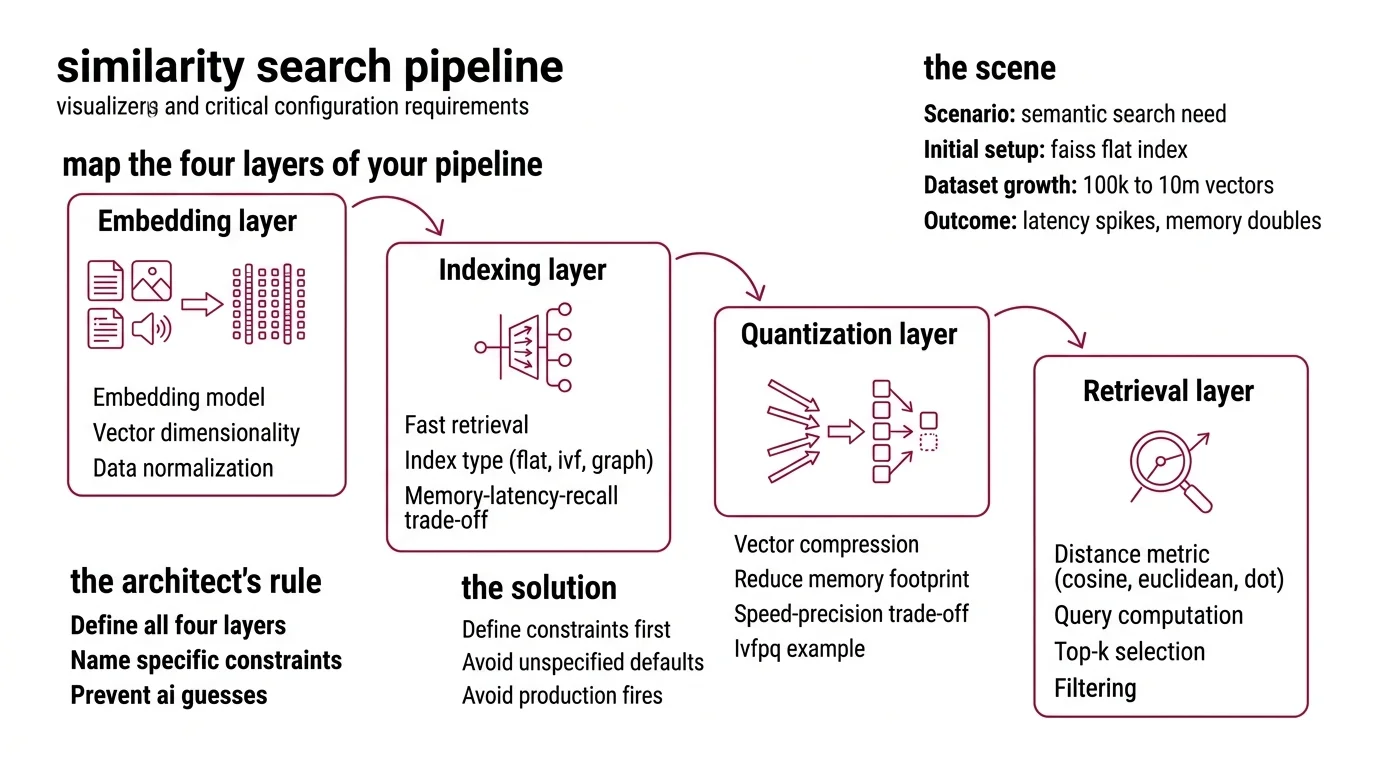 Four-layer similarity search pipeline showing embedding, indexing, quantization, and retrieval layers with decision criteria and failure symptoms at each stage