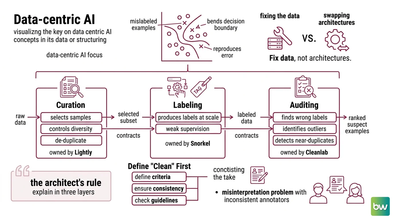 Three-stage training data quality pipeline showing curation feeding labeling, labeling feeding auditing, and the audit looping back to fix labels