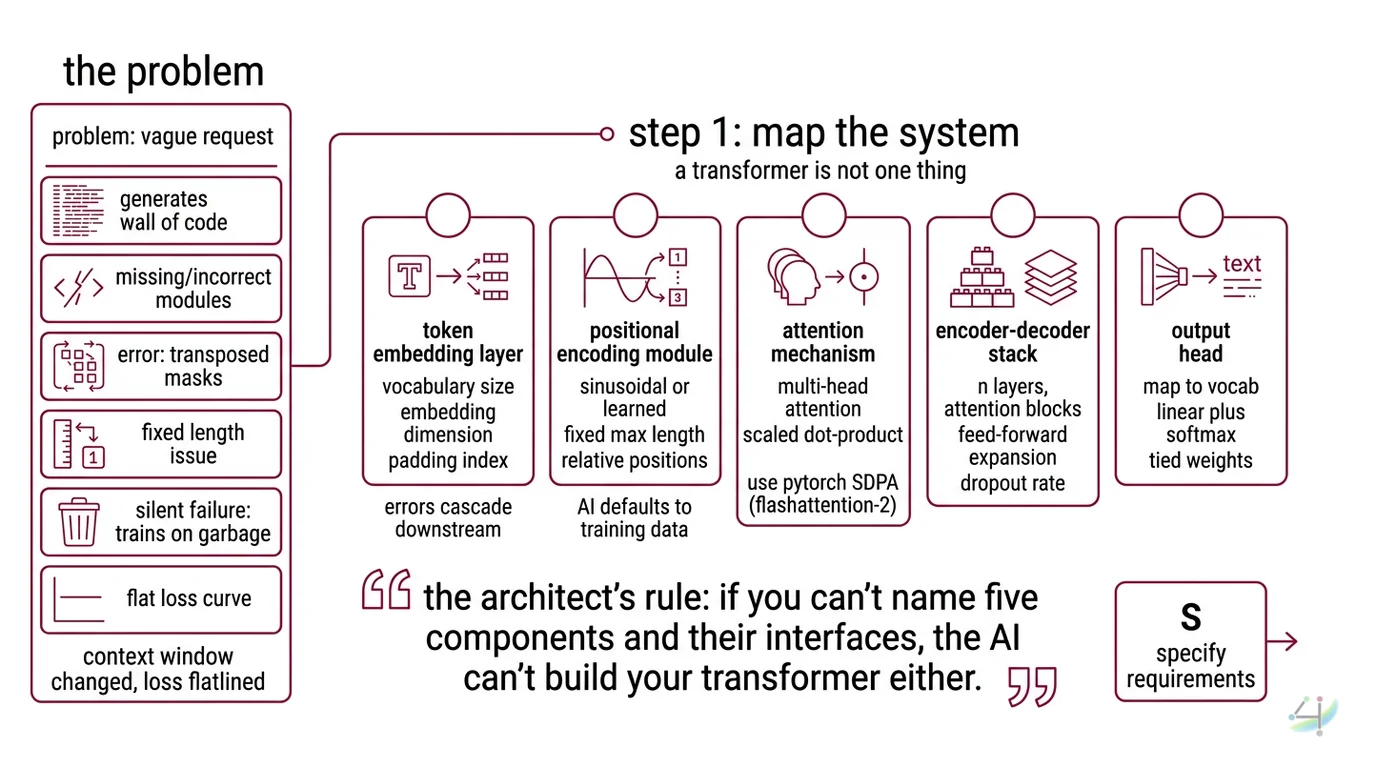 Five-component transformer decomposition showing token embedding, positional encoding, attention, encoder-decoder stack, and output head with data flow arrows and validation checkpoints