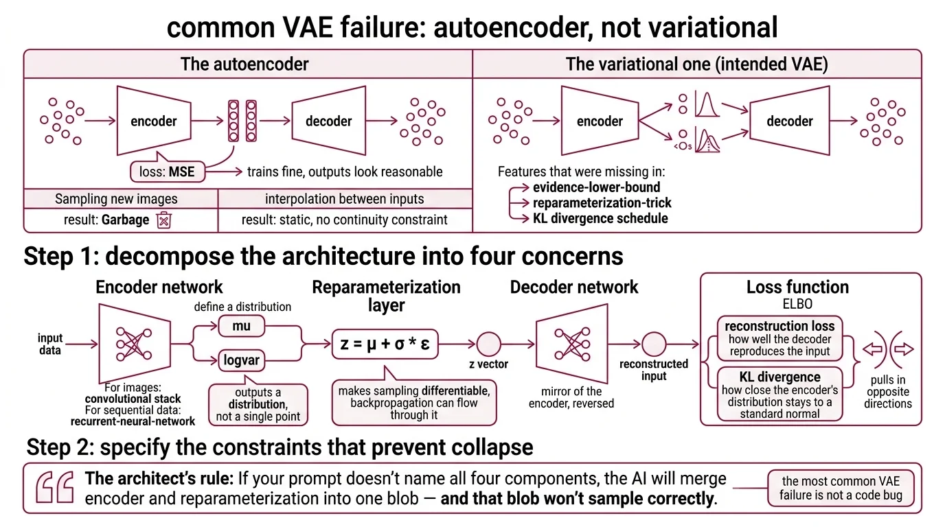 Four-component VAE specification showing encoder, reparameterization, decoder, and ELBO loss with input-output contracts and validation checkpoints
