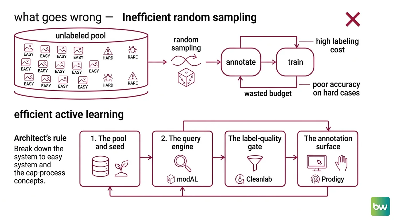 Four-stage active learning loop showing seed and pool, modAL query engine, Cleanlab quality gate, and Prodigy annotation with data flowing in a cycle