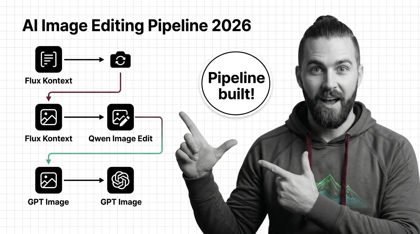 Blueprint of a 2026 AI image editing pipeline with edit-type router, model backends, and drift validation stages.