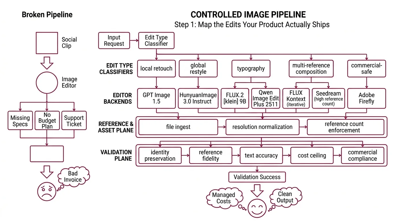 Pipeline diagram of a 2026 AI image editing system: edit-type router dispatching to GPT Image, Flux Kontext, Qwen Image Edit, HunyuanImage, Seedream, and Adobe Firefly backends, with a validation plane on the return path.