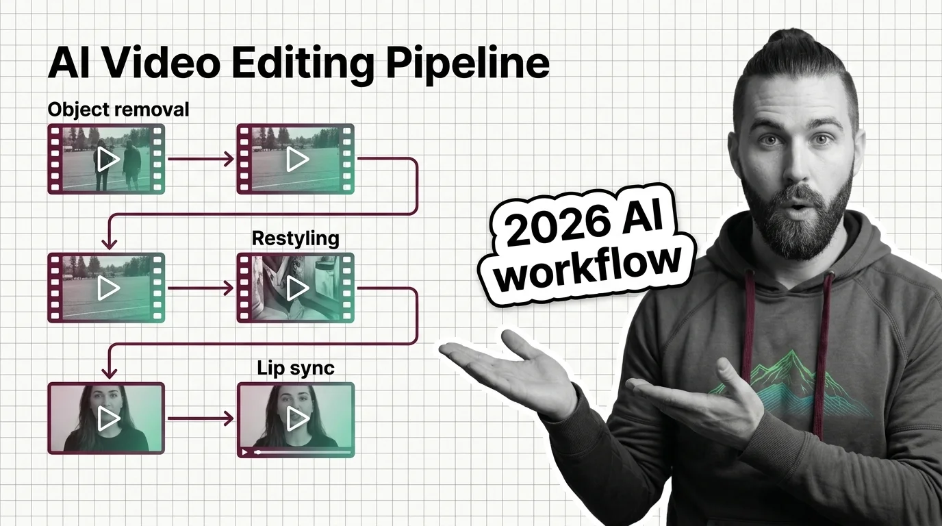 Pipeline diagram for AI video editing: object removal, restyling, and automated lip-sync workflow