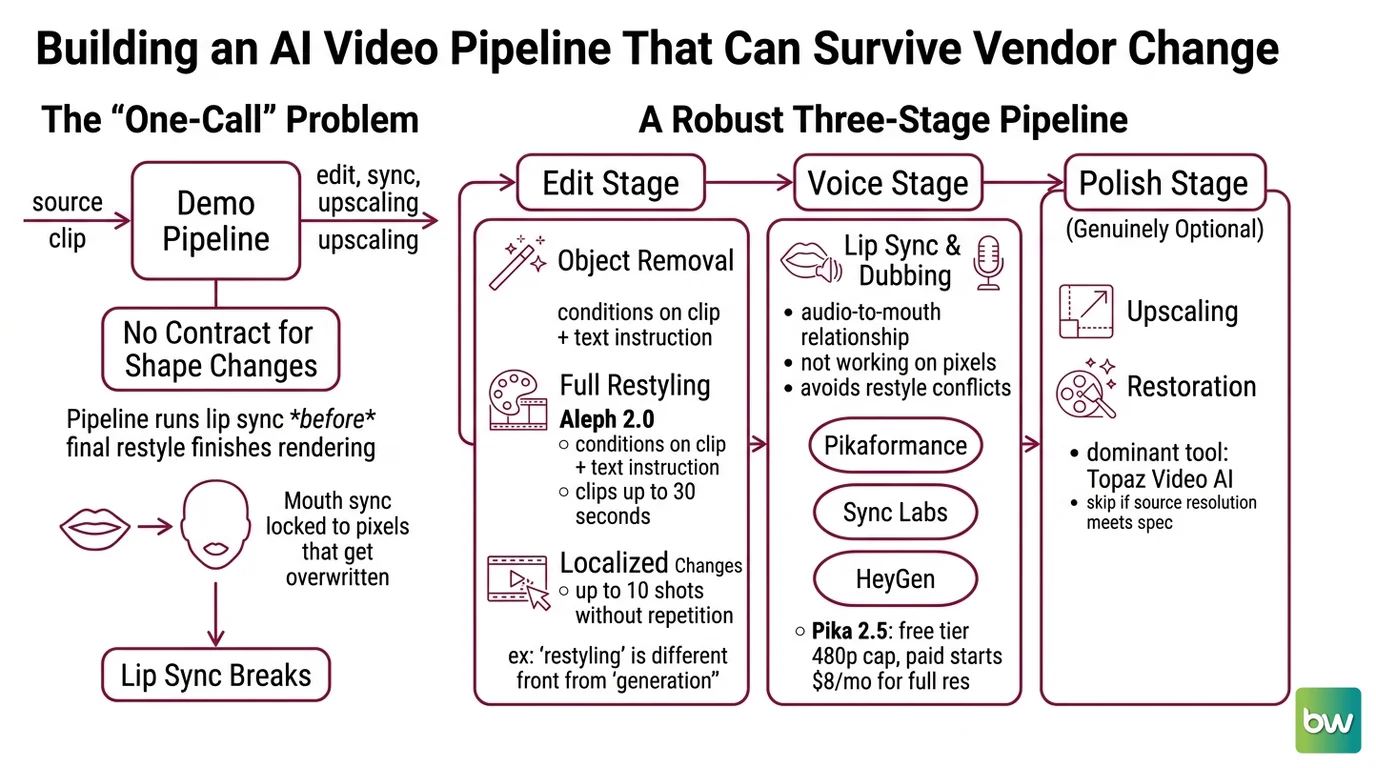 Three-stage AI video editing pipeline architecture showing edit, voice, and polish stages with model contracts and validation checkpoints