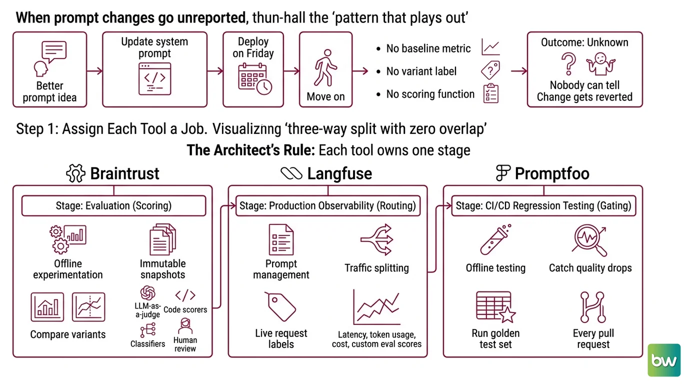 Four-stage LLM A/B testing pipeline: tool scope assignment, scoring contract definition, Langfuse label-based traffic split, and Braintrust experiment comparison