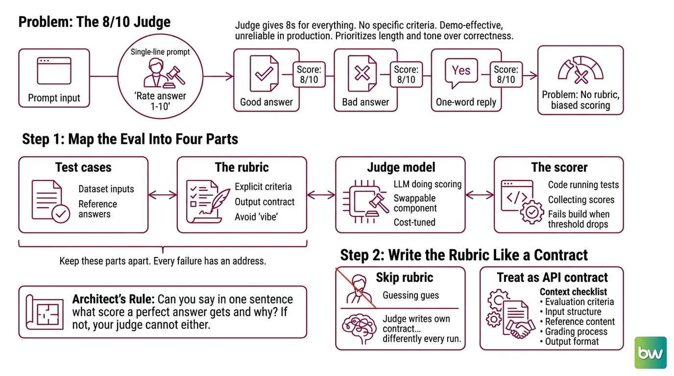 Four-part LLM-as-a-judge eval pipeline: test cases, scoring rubric, judge model, and human calibration loop