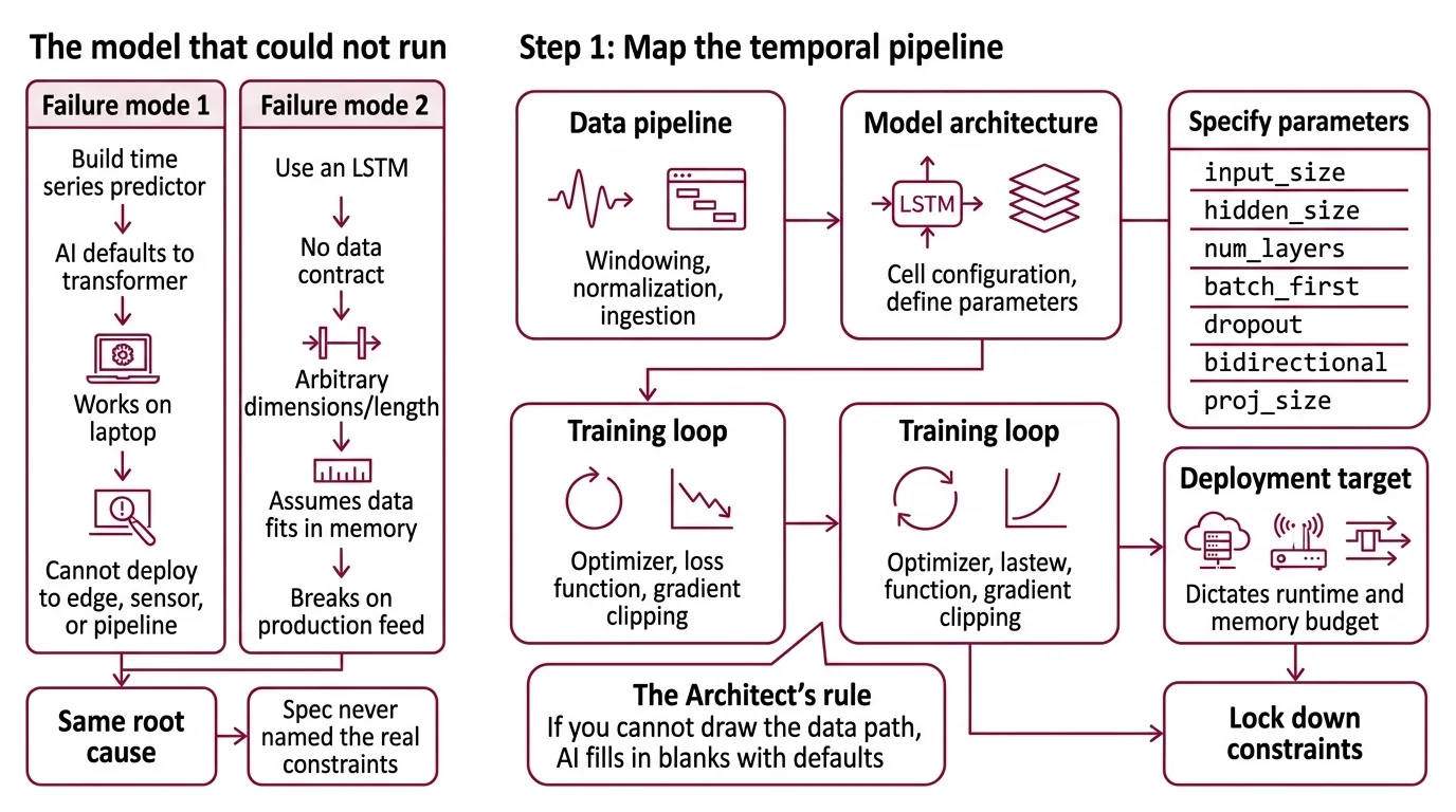 Four-stage LSTM pipeline diagram showing data pipeline, model architecture, training loop, and deployment target with constraint flow arrows between stages