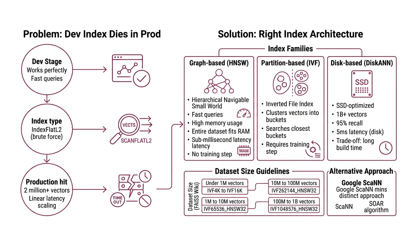 Decision flowchart mapping dataset size and latency requirements to FAISS IVF, HNSW, ScaNN, and DiskANN index types with parameter tuning checkpoints