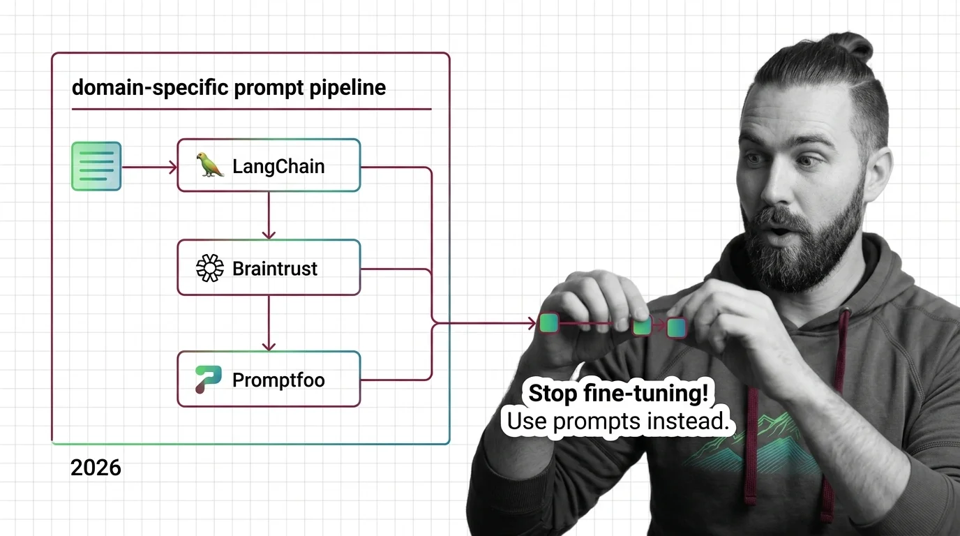 Domain-specific prompt pipeline showing role context, knowledge injection, and Promptfoo evaluation for enterprise AI