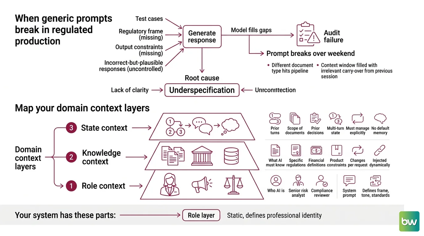 Three-layer domain context architecture (role, knowledge, state) feeding a generation step, with Braintrust scoring outputs and Promptfoo running regression assertions in parallel