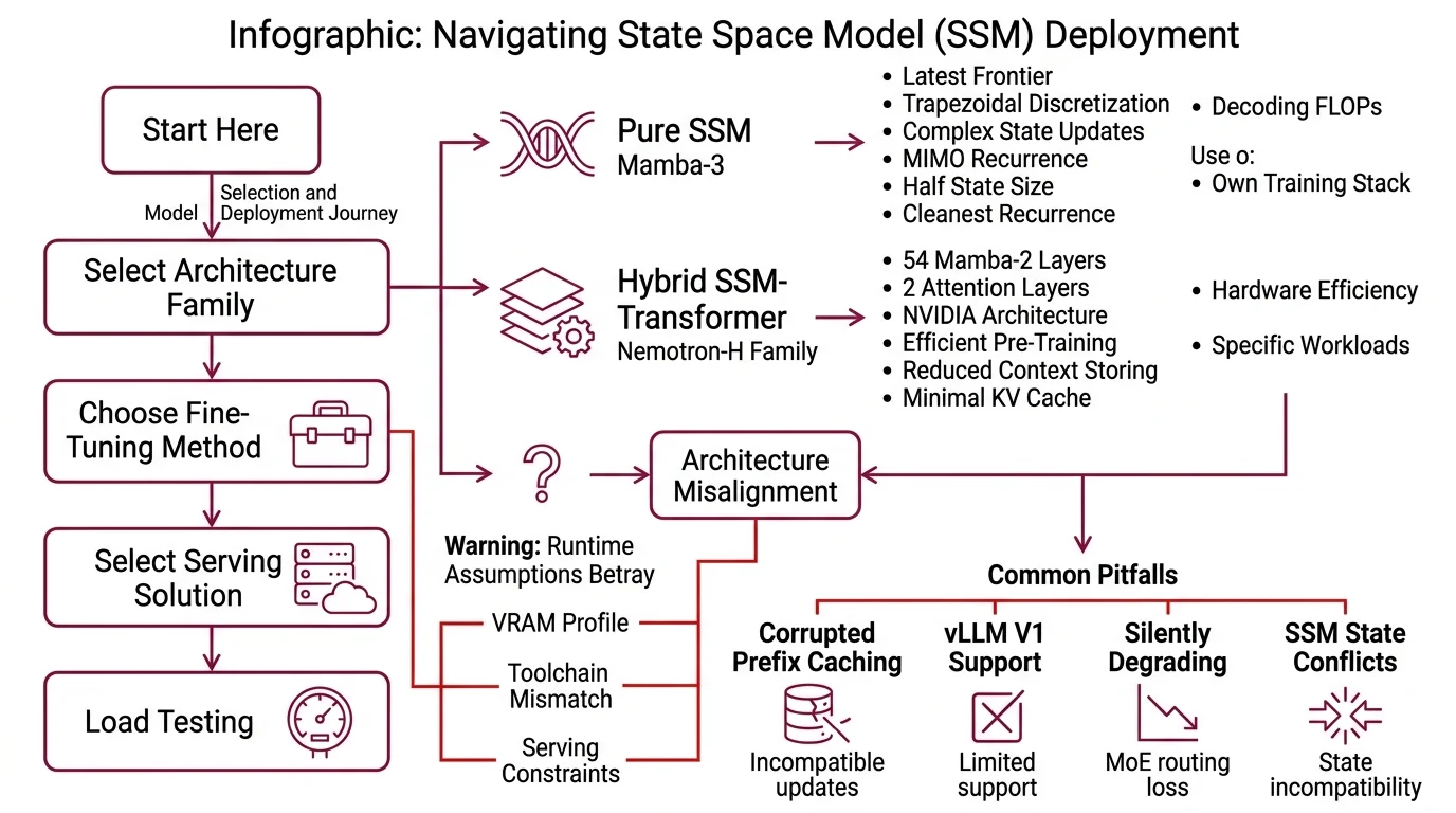 Four-step state space model build flow from architecture family selection through runtime contract to fine-tuning strategy and long-context validation