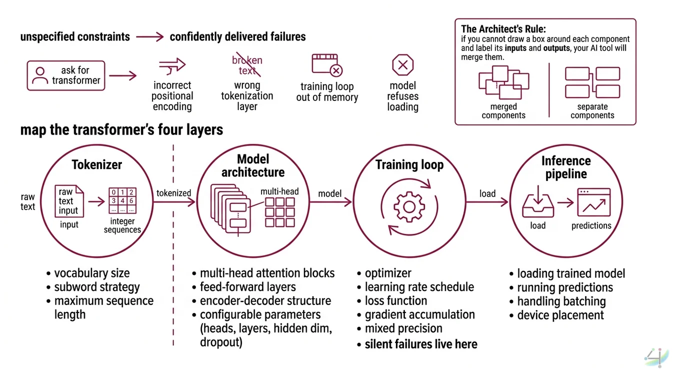Four-layer transformer specification pipeline showing tokenizer, model architecture, training loop, and inference with constraint checkpoints between each layer