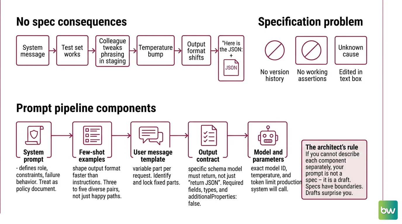Four-step prompt specification workflow: system prompt contract, few-shot example set, JSON output schema, and versioning tool selection with environment gates