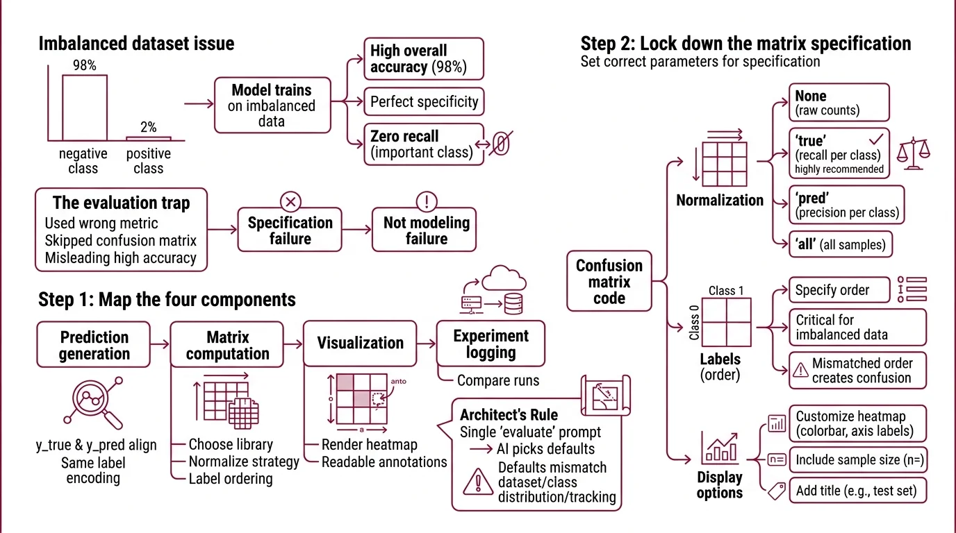 Four-component confusion matrix pipeline from prediction generation through experiment logging