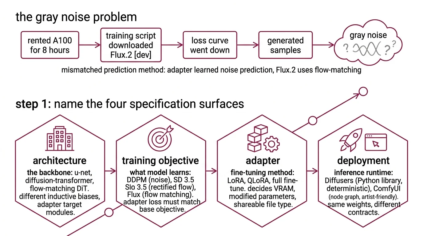 Four-surface diffusion decomposition showing architecture, training objective, LoRA adapter, and deployment contract with their specification contracts and dependency arrows