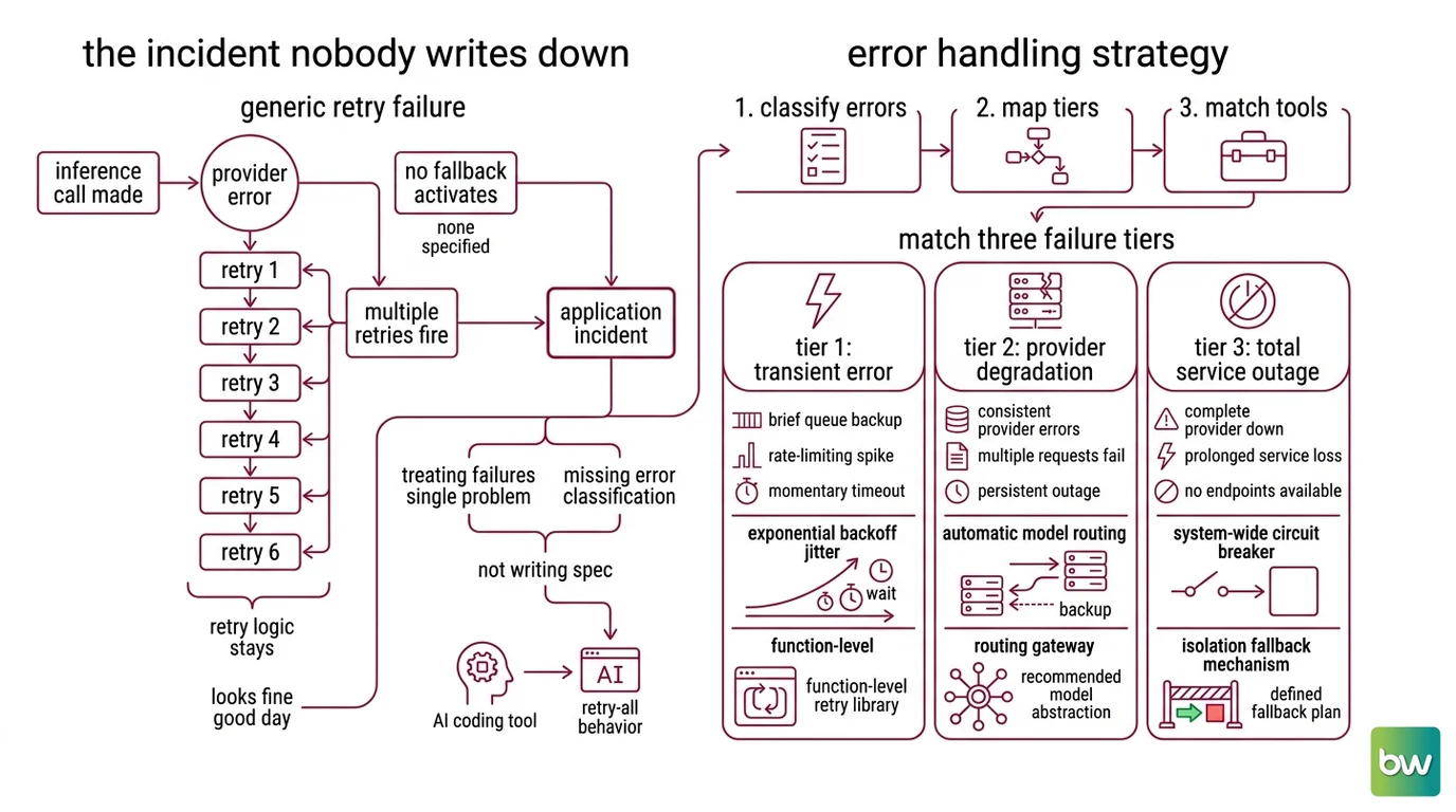 Three-tier LLM failover diagram: Tenacity call-level retry, LiteLLM cross-provider routing, and application graceful degradation with error code routing map