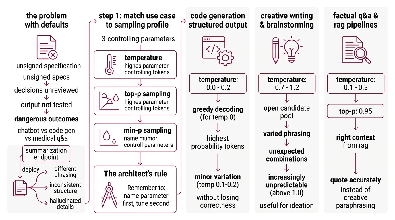 Decision flowchart from use case type through parameter selection to provider-specific sampling configuration