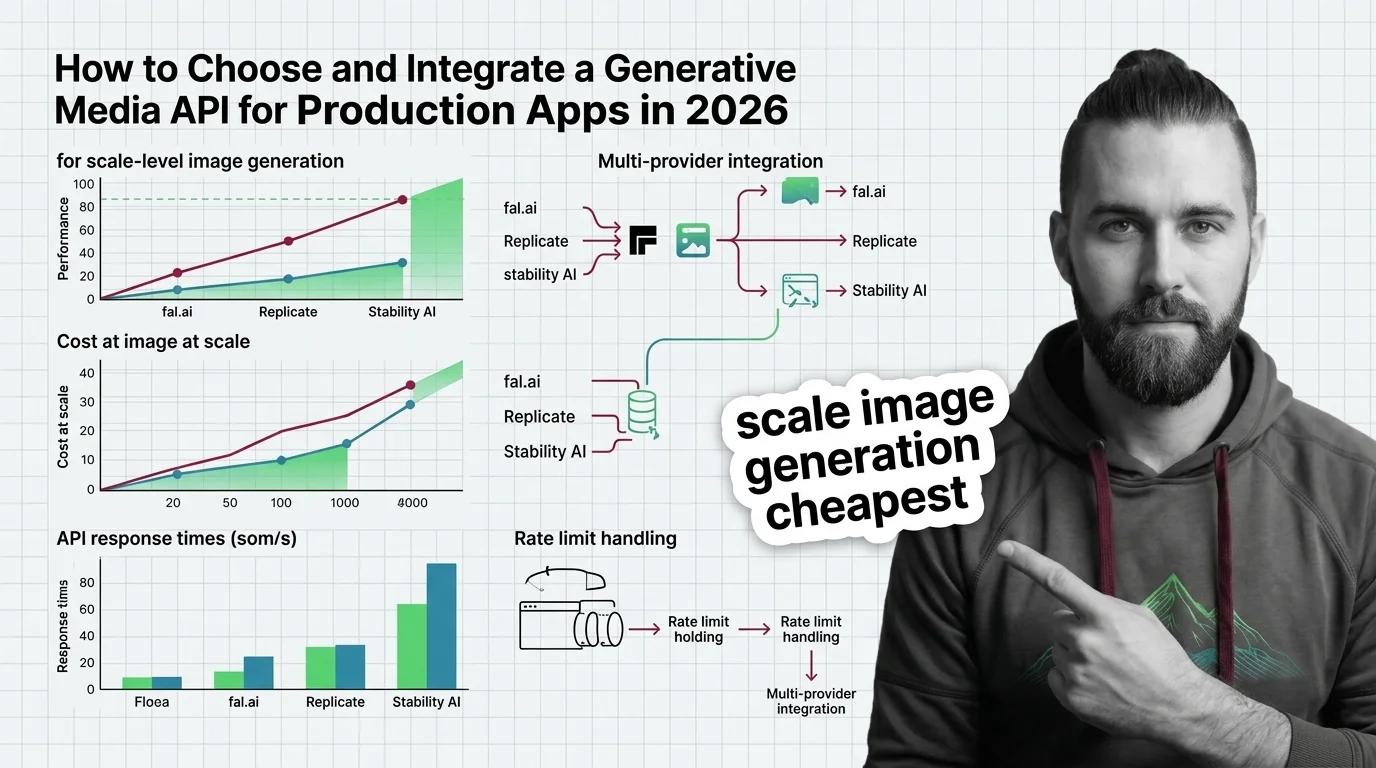 Architecture diagram of a multi-provider generative media API integration with webhook retries and fallback routing