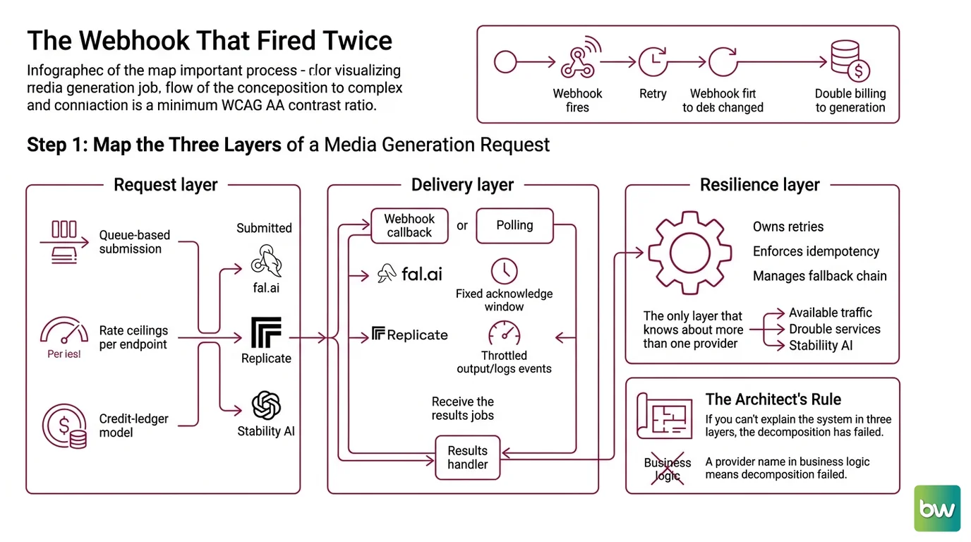 Three-layer architecture for a generative media API integration: request, delivery, and resilience layers across fal.ai, Replicate, and Stability AI
