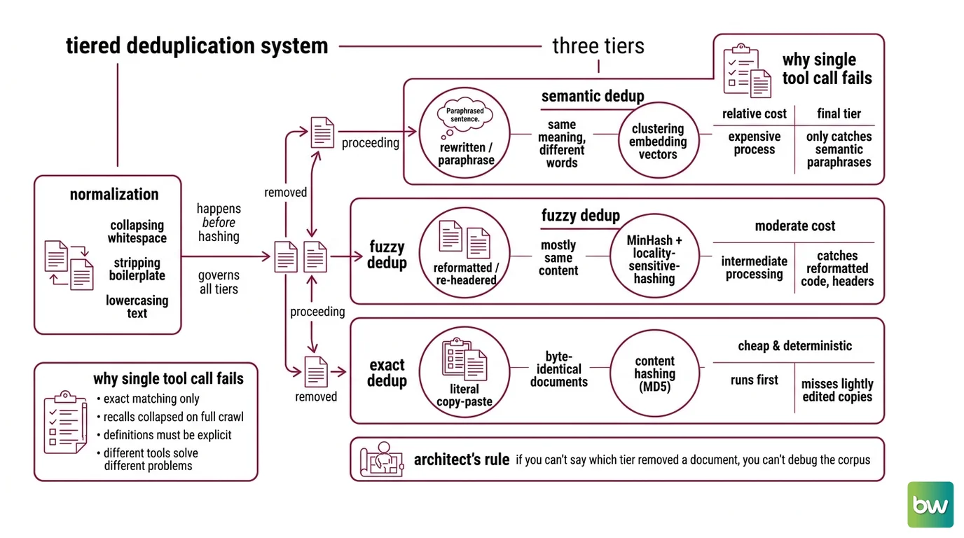 Three-tier deduplication pipeline showing exact, fuzzy MinHash LSH, and semantic embedding stages with tool selection by corpus scale