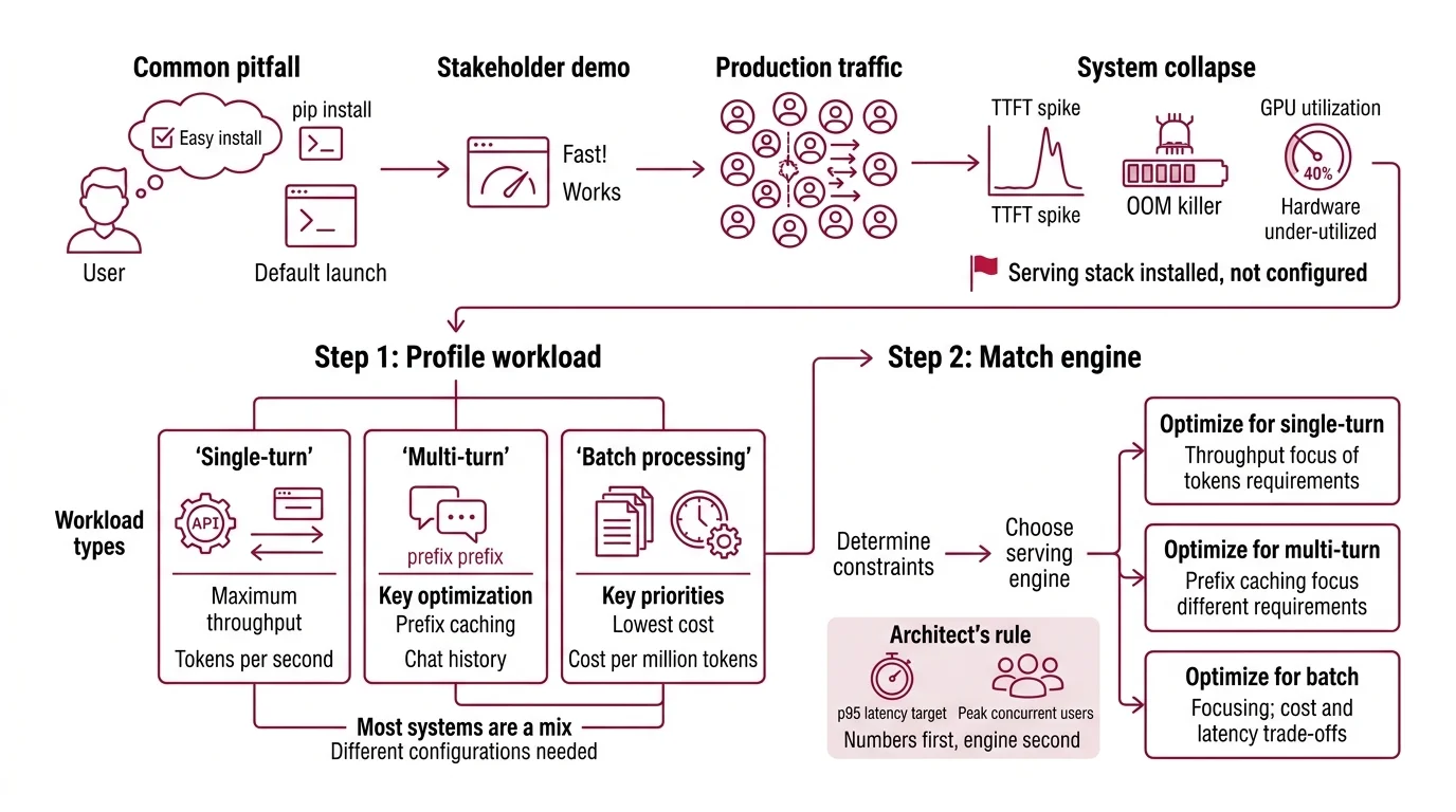 Four-step inference deployment pipeline from workload profiling through engine selection, configuration, and load testing