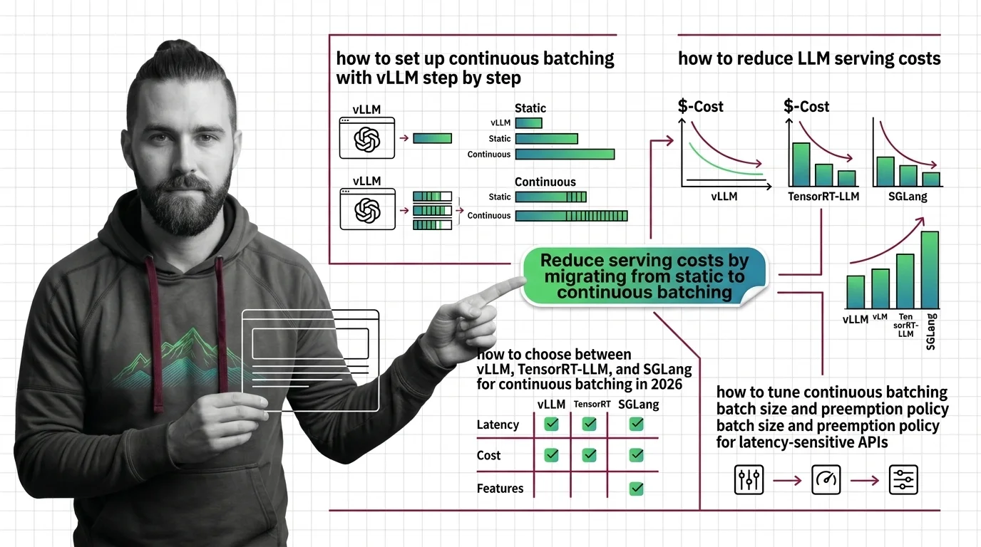Technical deployment diagram showing three inference engines processing batched requests through GPU memory