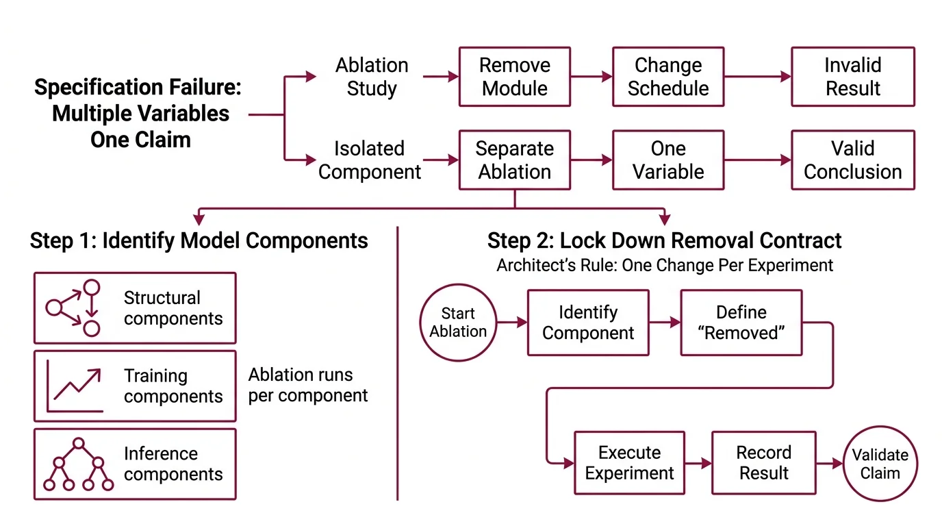 Four-step ablation pipeline showing model decomposition, removal contract, experiment wiring with ABLATOR and W&B, and validation checks