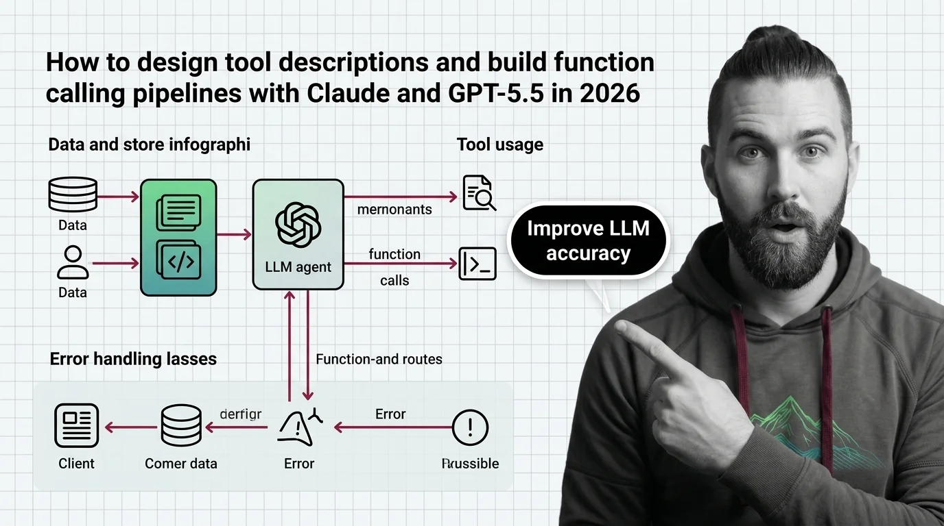 MAX at a whiteboard mapping a function calling pipeline with JSON schema diagrams and tool routing decision arrows