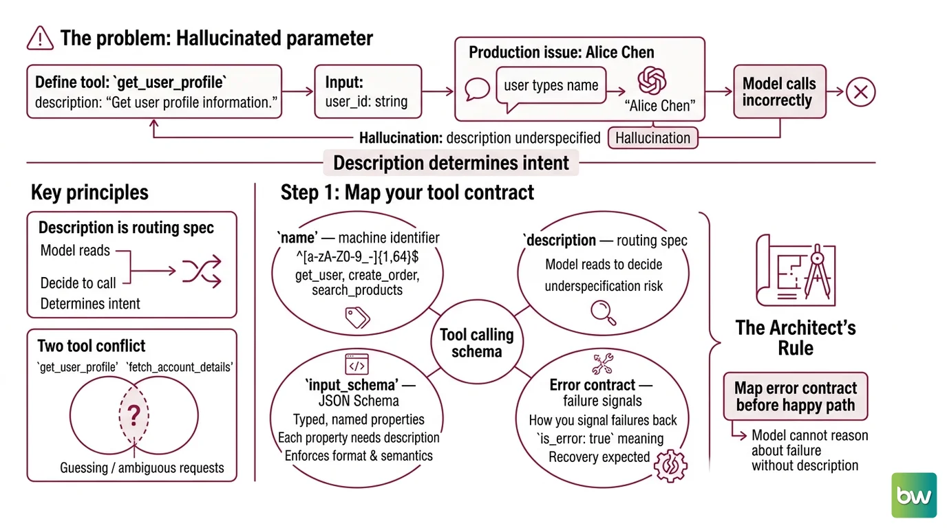 Four-layer diagram of a function calling pipeline: tool contract with trigger/schema/error layers, message sequence order showing tool_result placement, and four validation checkpoints