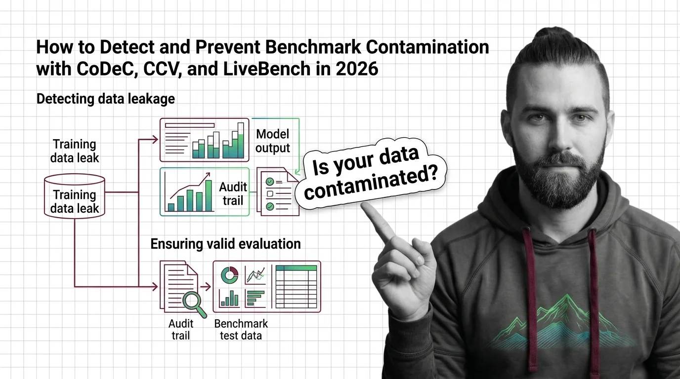 Engineer examining benchmark scores through a magnifying glass revealing hidden training data underneath