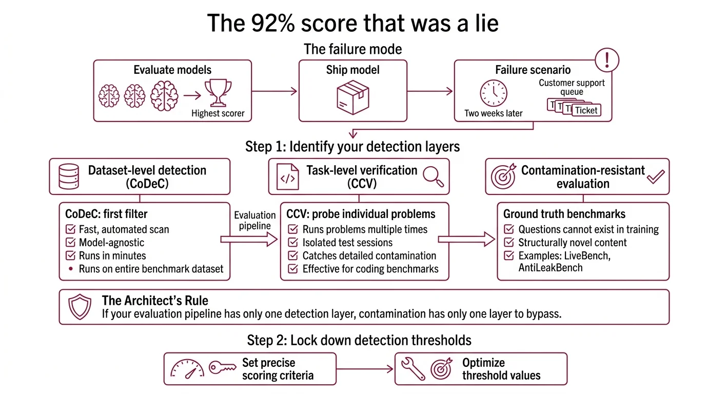 Four-layer contamination detection pipeline showing LiveBench baseline, CoDeC confidence analysis, CCV behavioral analysis, and AntiLeakBench temporal filtering with validation checkpoints
