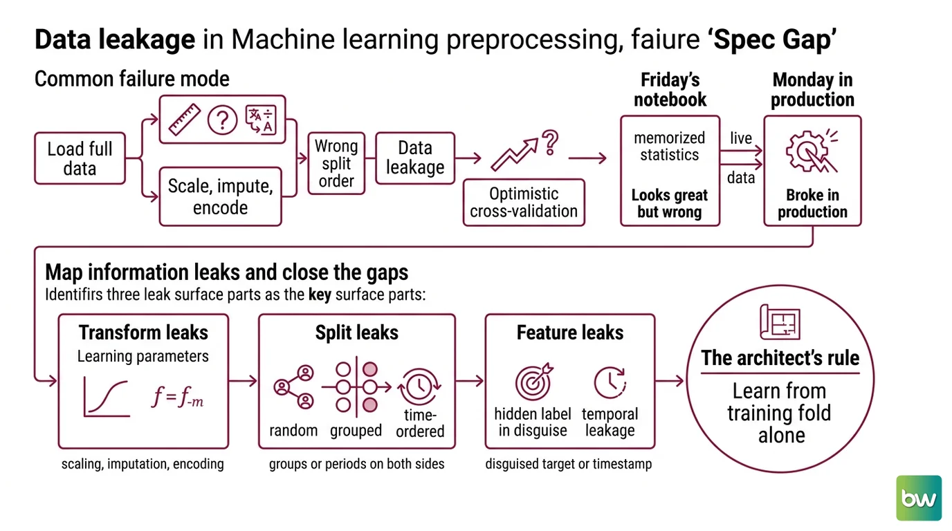 Four-step workflow: map the leak surface, lock the contract, wire the pipeline, validate with Deepchecks