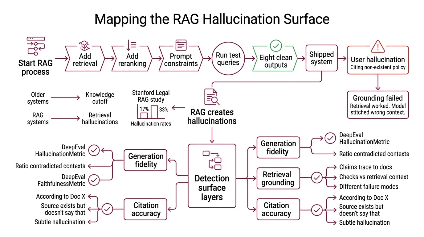 Four-layer hallucination detection pipeline showing faithfulness, contradiction, citation, and regression gates with pass-fail flow