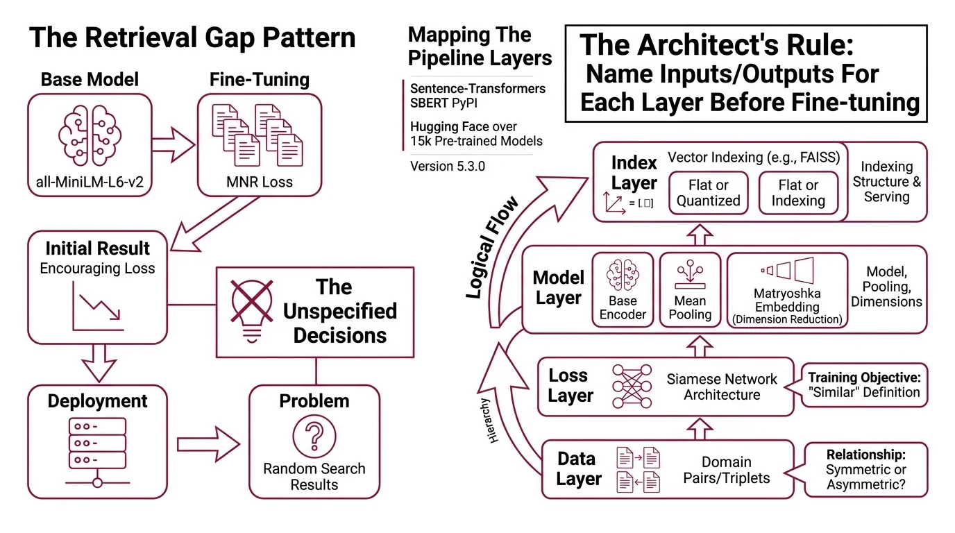 Four-layer embedding pipeline diagram showing data pairs flowing through loss function selection, model training with Matryoshka wrapping, FAISS index construction, and validation checkpoints