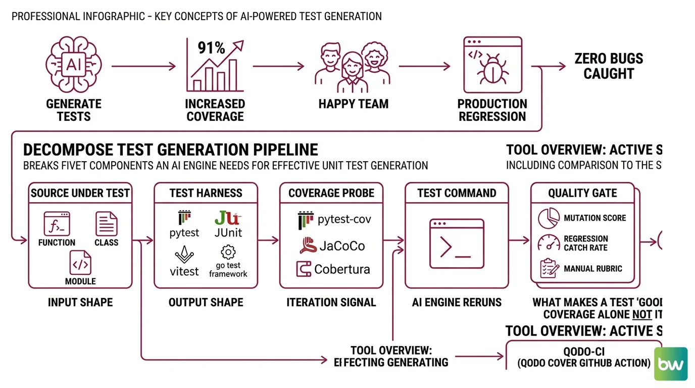 Four-stage pipeline showing source decomposition, spec config file, single-module rollout, and validation by mutation score and regression replay