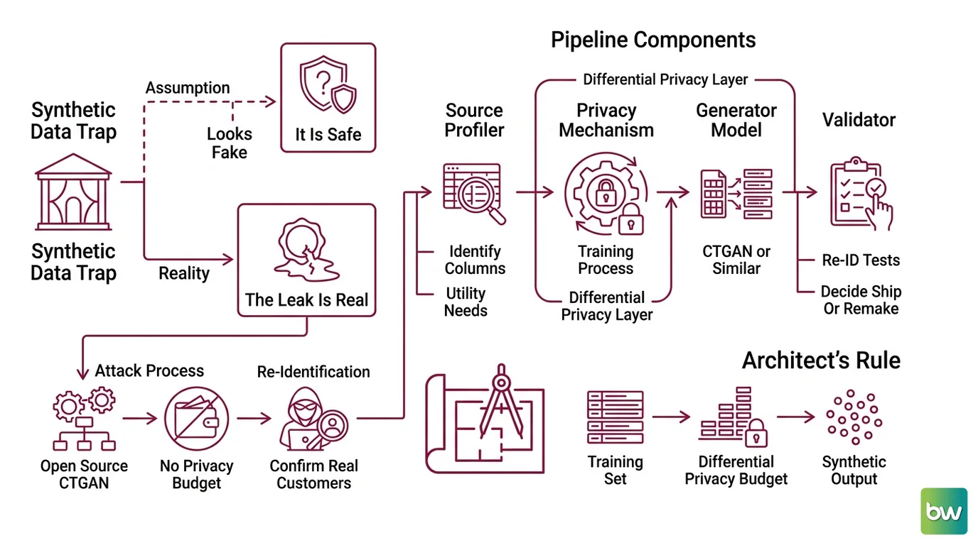 Four-stage privacy-safe synthetic data pipeline: source profiling, generator with differential privacy, sampling, and re-identification validation