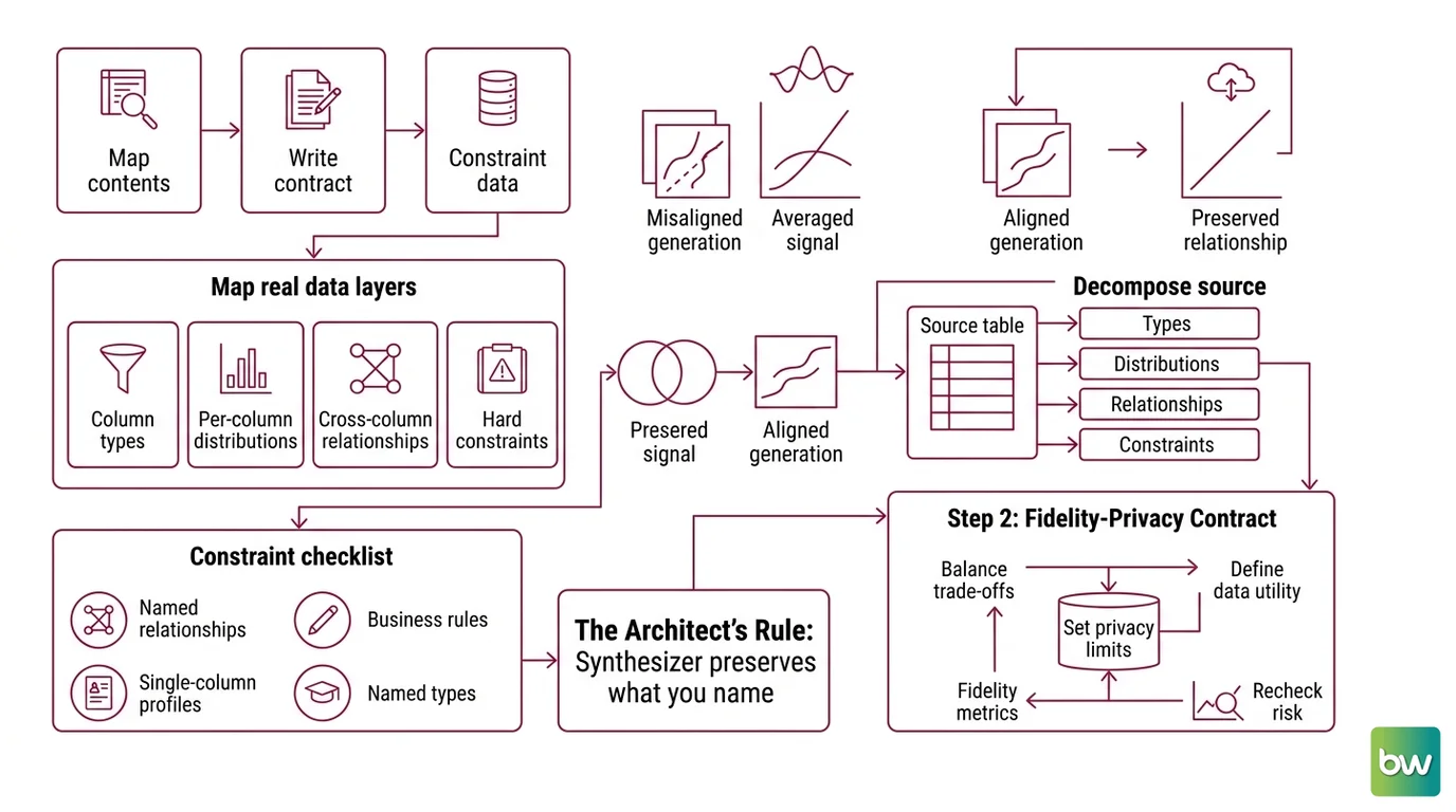 Four-step synthetic data workflow: profile source layers, write fidelity-privacy contract, sequence the generation run, validate on three axes