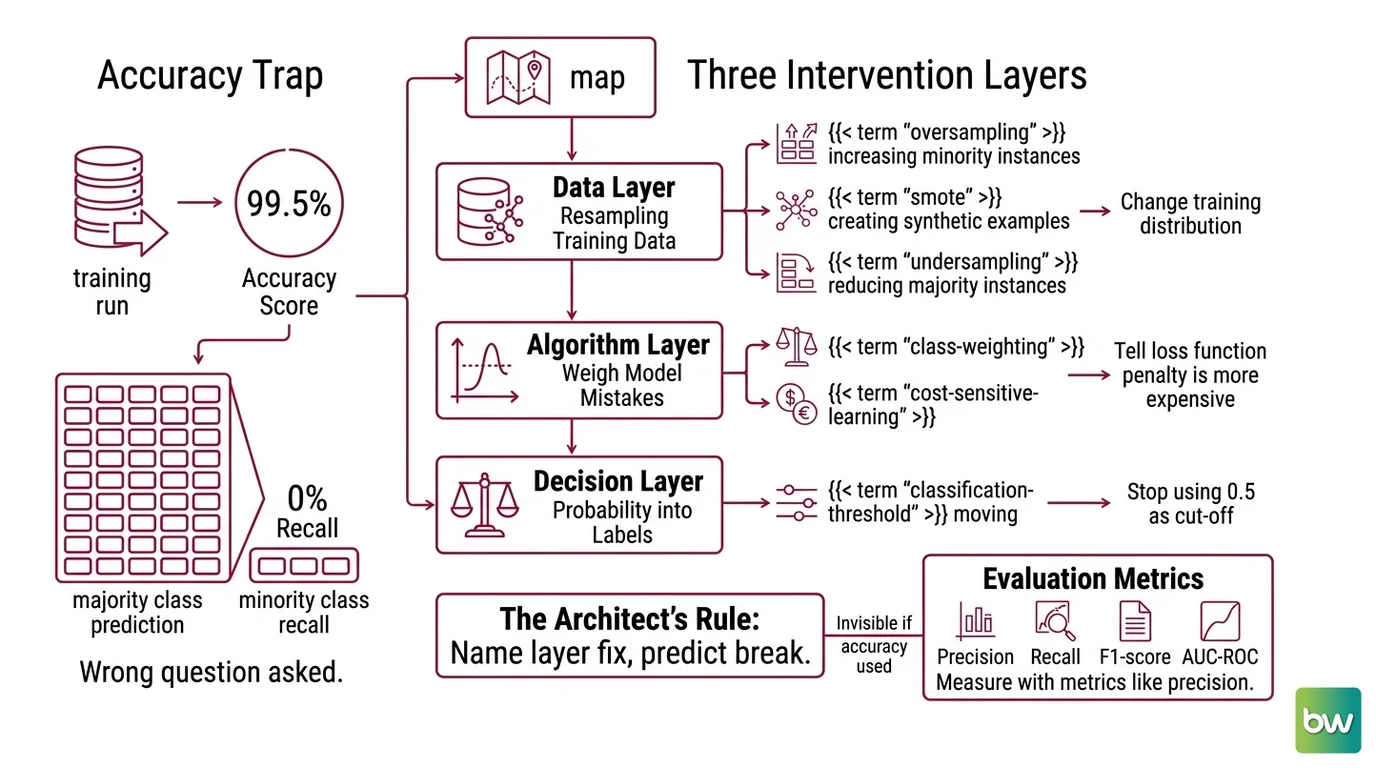 Three-layer class imbalance framework: data resampling, class weighting, and threshold tuning, evaluated with PR-AUC and F1