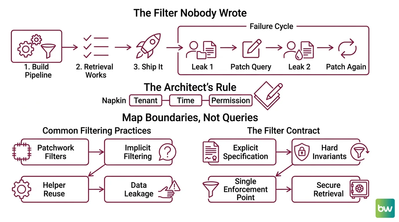 Four-stage filter contract — tenant, time, permission, validation — mapped to Qdrant, Weaviate, Milvus, and Pinecone