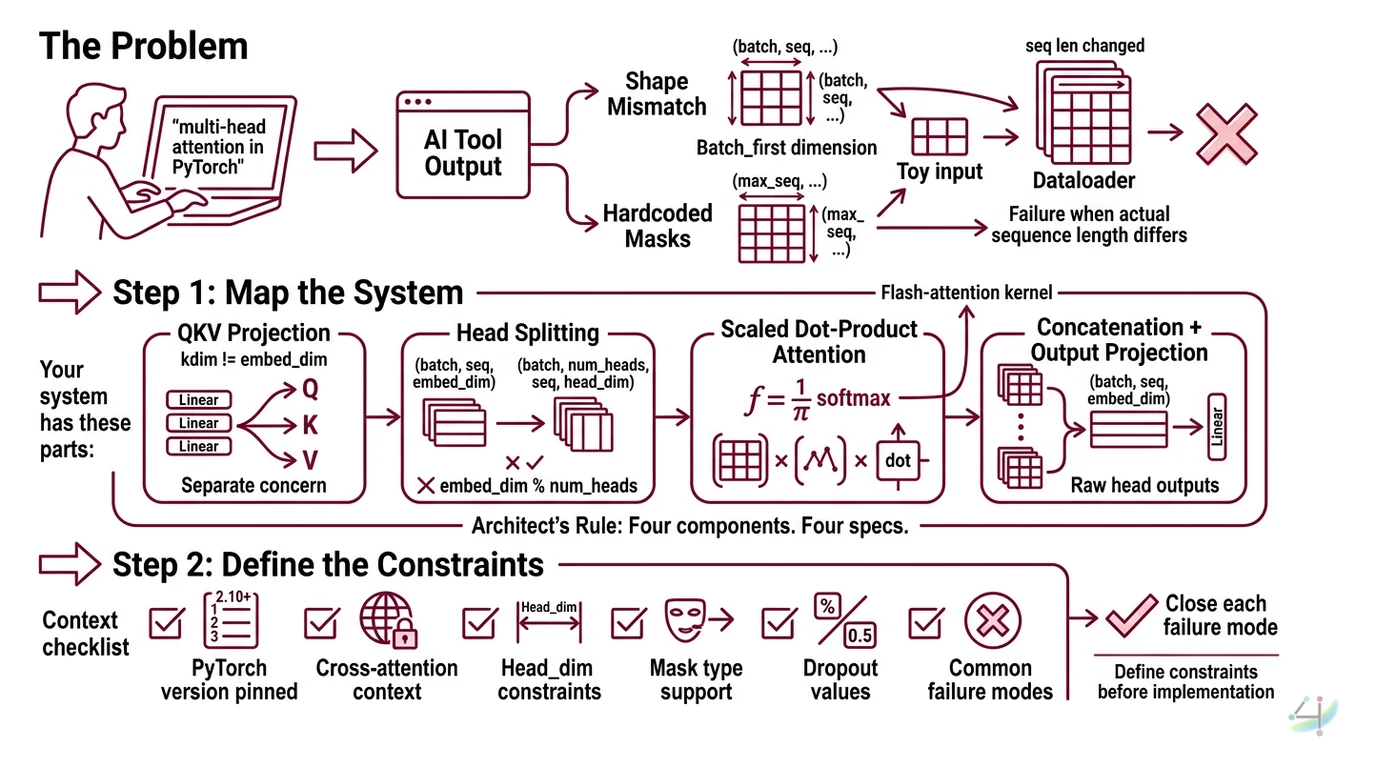 Four-component decomposition of multi-head attention: QKV projection, head splitting, scaled dot-product, and concatenation with dimension annotations